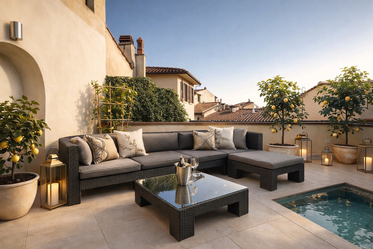 Main terrace with lounge seating and Florence rooftops